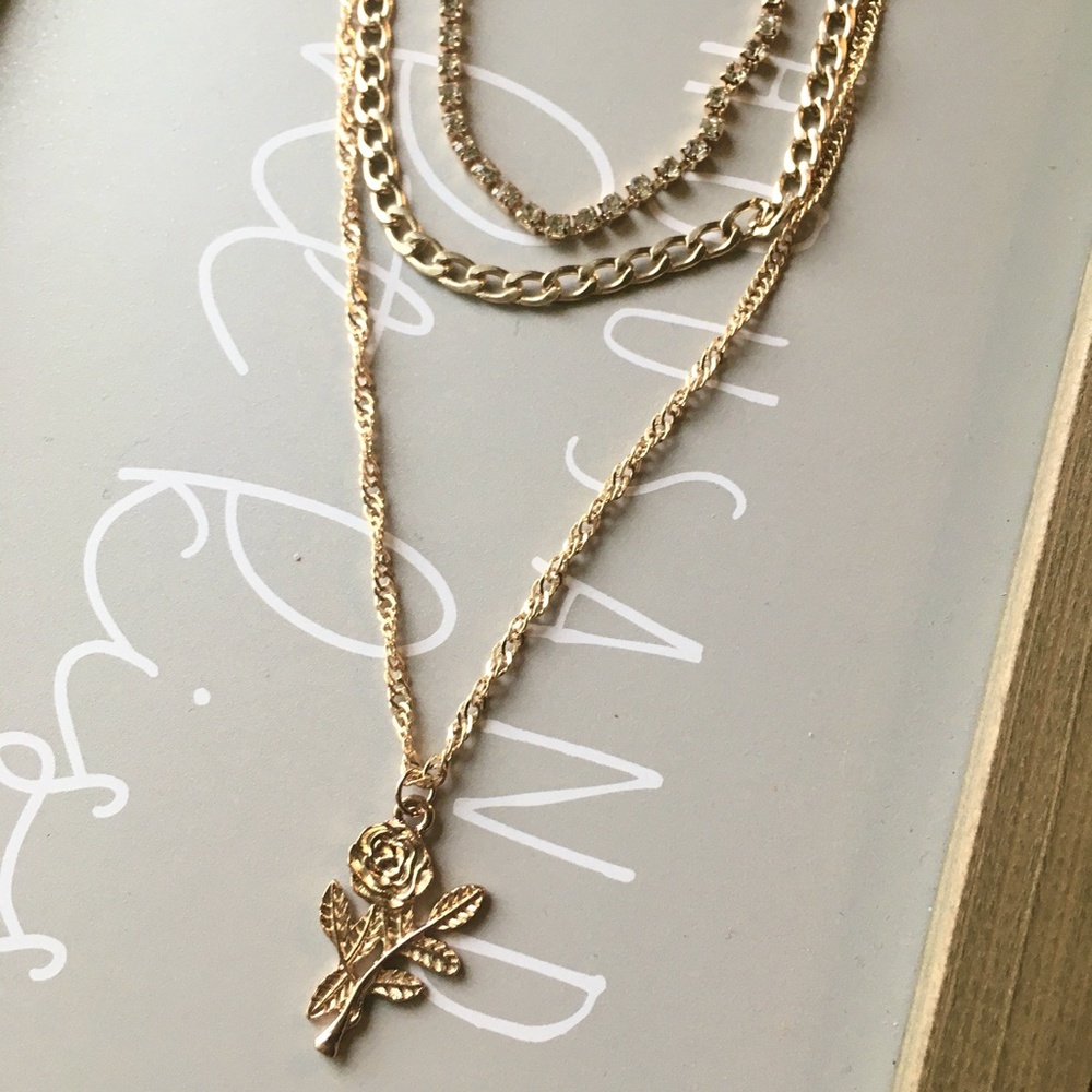 Layered Rose Pendant Rhinestone Gold Necklace - Picture 5 of 8